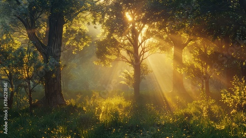 A tranquil forest glade bathed in the golden light of sunset, with sunlight filtering through the dense canopy and illuminating the lush undergrowth, a peaceful oasis amidst the bustling world.