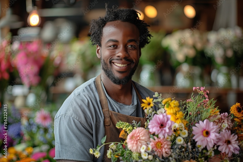 © Andrii Zastrozhnov - The florist, a cheerful owner, arranges flowers in his indoor flower shop, radiating confidence