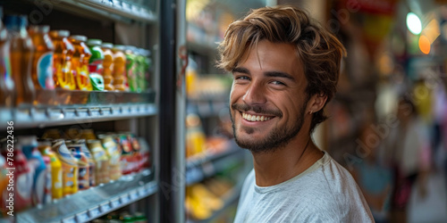 A smiling young man selects a bottle of juice in a supermarket, embracing healthy choices