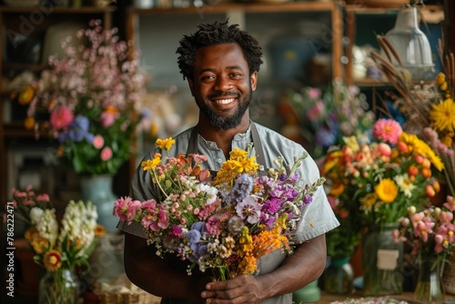 A happy florist stands confidently in his small shop, surrounded by vibrant flowers, embracing his profession © Andrii Zastrozhnov