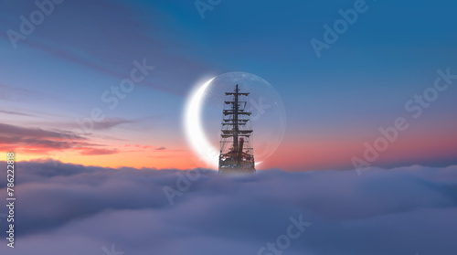 Flying old ship in the stormy clouds with full bright moon in the clouds  © muratart
