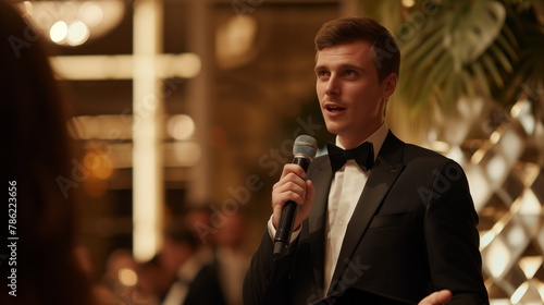 man in a formal tuxedo is talking into a microphone, delivering a speech or presentation at an event photo