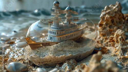Timetraveling vessel in a sandglass, an imaginative closeup journey ,3DCG,clean sharp focus photo