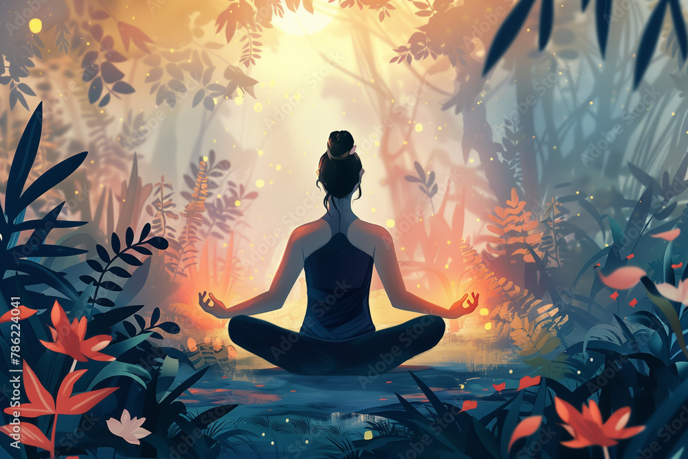 Illustration of a woman meditating in the lotus position, surrounded by lush nature Illustration of a woman meditating in the lotus position, surrounded by lush nature