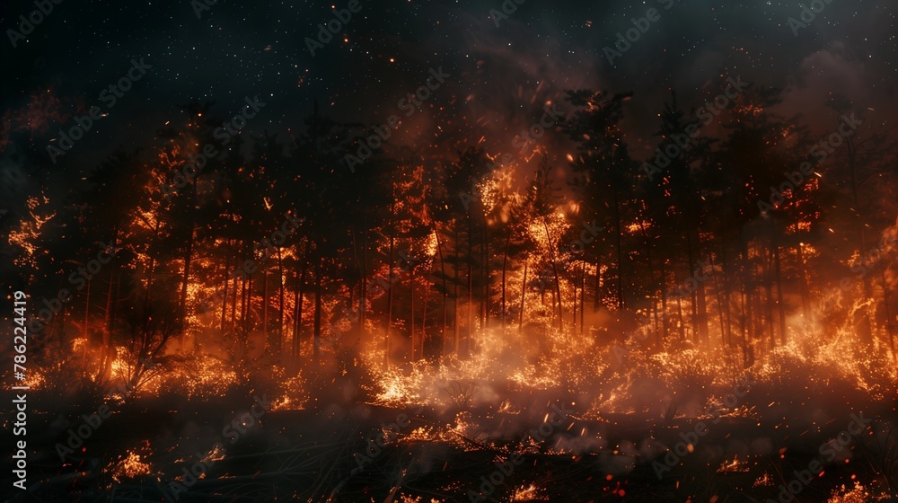 In the dead of night, nature's fury ignites the darkness as wildfires tear through the wilderness with relentless force.