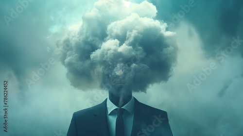 Businessmans head is obscured by a fluffy white cloud, creating a surreal effect