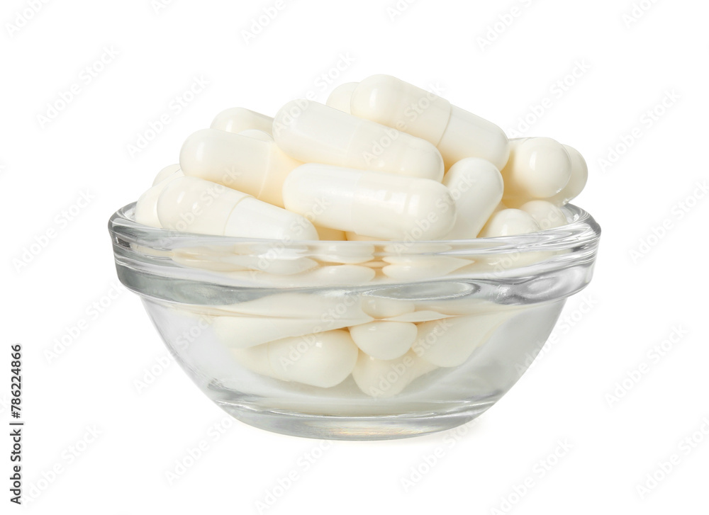 Vitamin capsules in bowl isolated on white. Health supplement Vitamin capsules in bowl isolated on white. Health supplement
