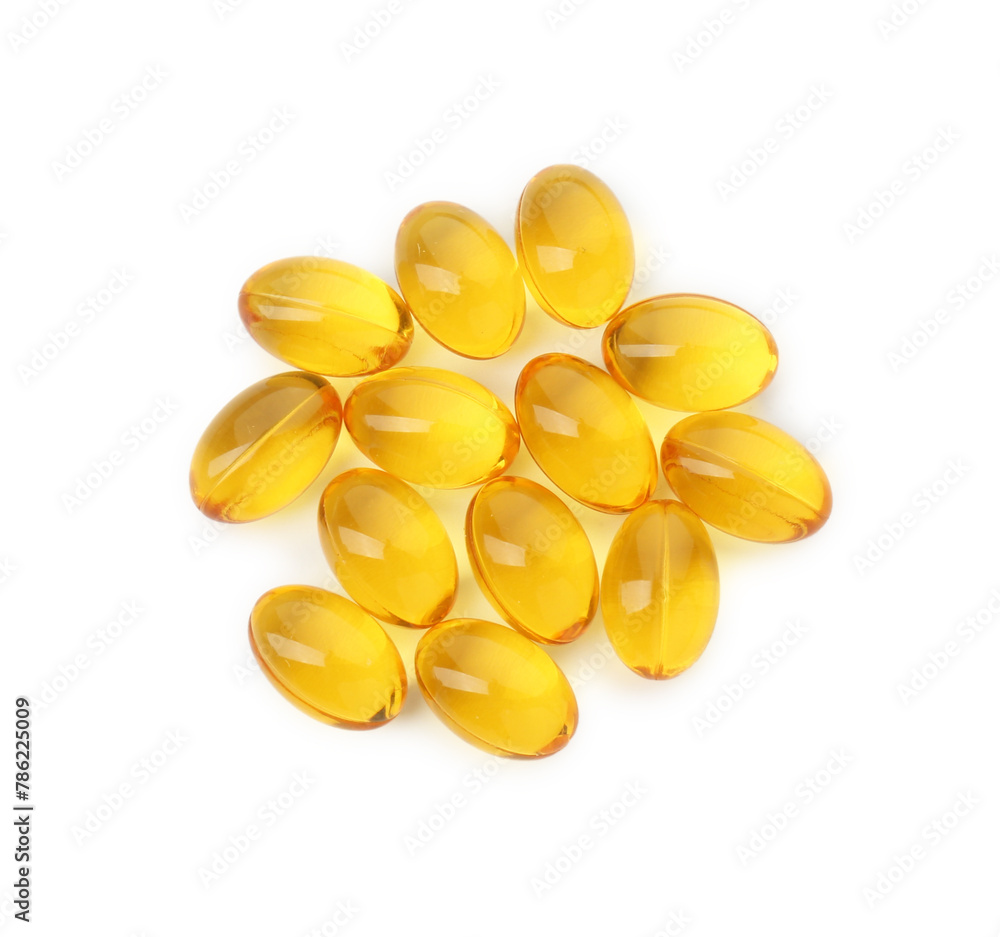 Fototapeta premium Vitamin capsules isolated on white, top view. Health supplement