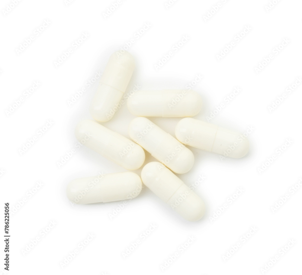 Vitamin capsules isolated on white, top view. Health supplement Vitamin capsules isolated on white, top view. Health supplement
