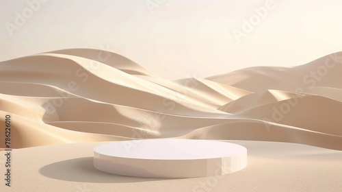 Round white platform in a desert backdrop