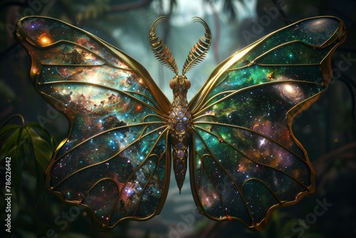 A golden butterfly with outspread wings. The wings are transparent and contain galaxies inside.