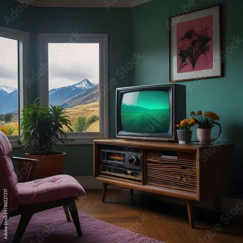 cozy corner of a room with a vintage television displaying a colorful mountain landscape