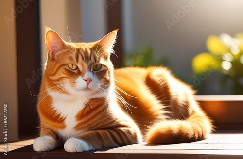 An orange cat lying in the warm sunlight, a cozy and comfortable setting