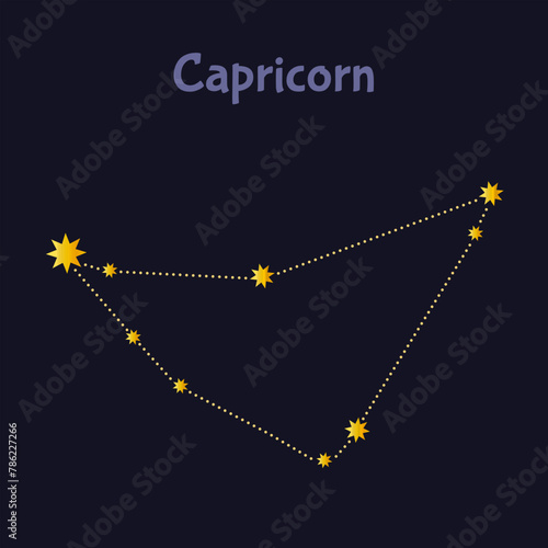 Capricorn zodiac constellation illustration on night sky with inscription.
