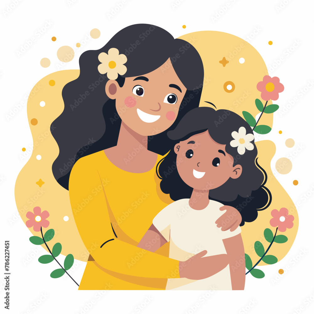 Cute Mother and daughter hugging. Happy Mother's day greeting card on white background