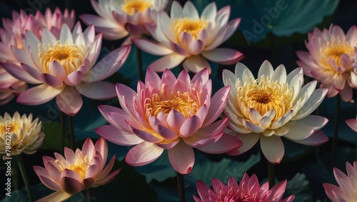 Enchanting elegant lotus and chrysanthemum flowers in full bloom  close up. Natural summery texture for background.