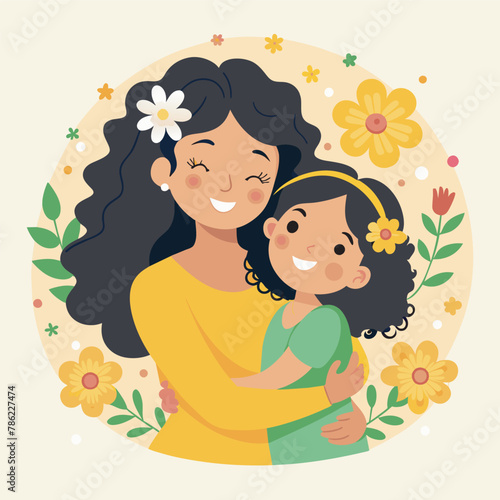 Cute Mother and daughter hugging. Happy Mother s day greeting card on white background