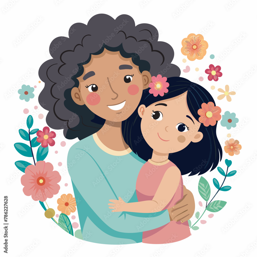 Cute Mother and daughter hugging. Happy Mother's day greeting card on white background Cute Mother and daughter hugging. Happy Mother's day greeting card on white background