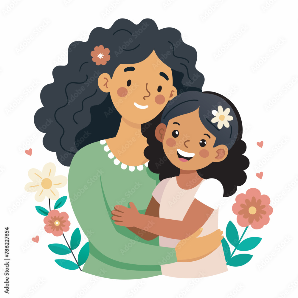 Cute Mother and daughter hugging. Happy Mother's day greeting card on white background Cute Mother and daughter hugging. Happy Mother's day greeting card on white background