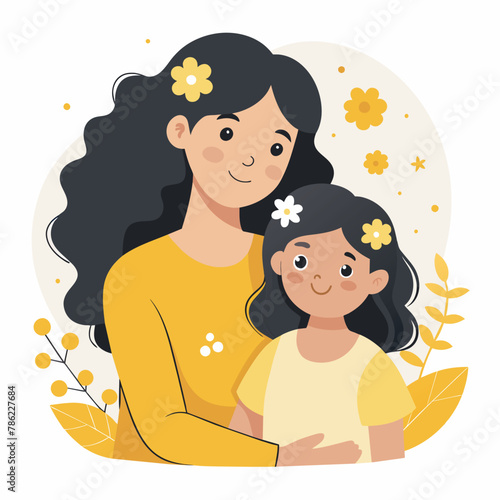 Cute Mother and daughter hugging. Happy Mother's day greeting card on white background