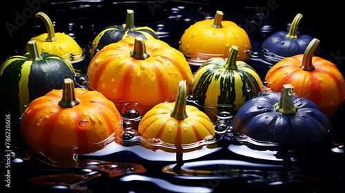 Colorful pumpkins floating in water