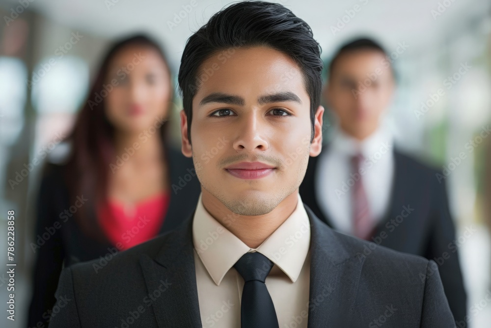 A poised male professional leading with colleagues in soft focus behind him. A poised male professional leading with colleagues in soft focus behind him.