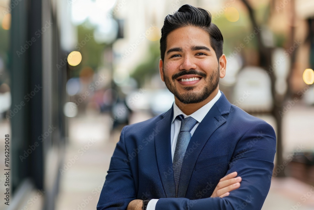 A Hispanic man in a sleek suit and tie stands confidently with his arms crossed, exuding authority and determination. A Hispanic man in a sleek suit and tie stands confidently with his arms crossed, exuding authority and determination.