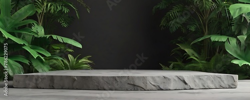 Empty product display podium scene with cylinder stand concept. Green forest and mountines background, sunlight and shadow. for beauty skincare technology products display