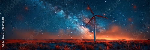 A towering, sleek wind turbine standing tall against a backdrop of stars.