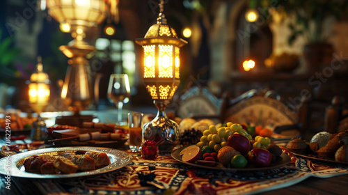 Ramanad concept, iftar, table with arabic lantern lamps, water, dates and delicious arabic food. Generative AI