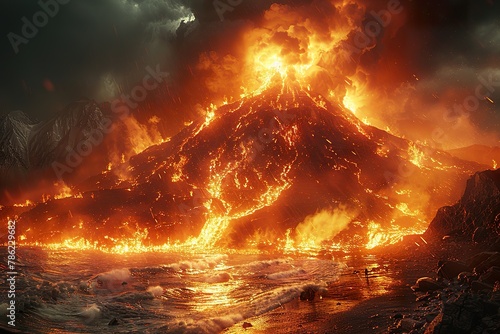 Global warming concept. Volcanoes, flood, fire on planet earth, climate warning
