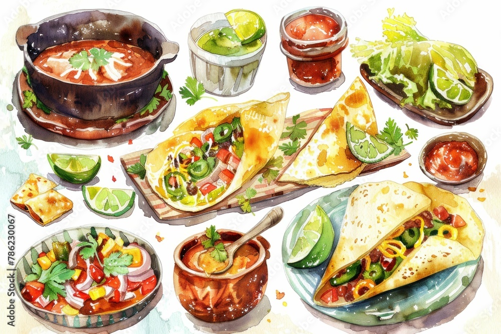 Traditional Mexican Food Illustration Including Tacos, Quesadillas, and Tortillas in Watercolor Style Traditional Mexican Food Illustration Including Tacos, Quesadillas, and Tortillas in Watercolor Style