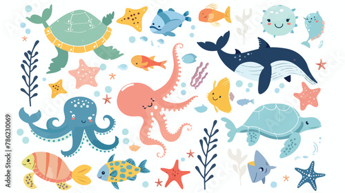 Underwater marine animals in sea set. Cute cartoon