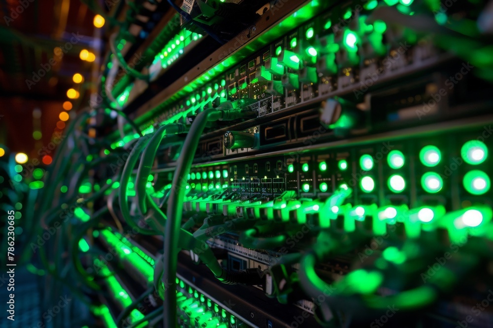 A maze of glowing green lights and wires in a technologically advanced server room. A maze of glowing green lights and wires in a technologically advanced server room.