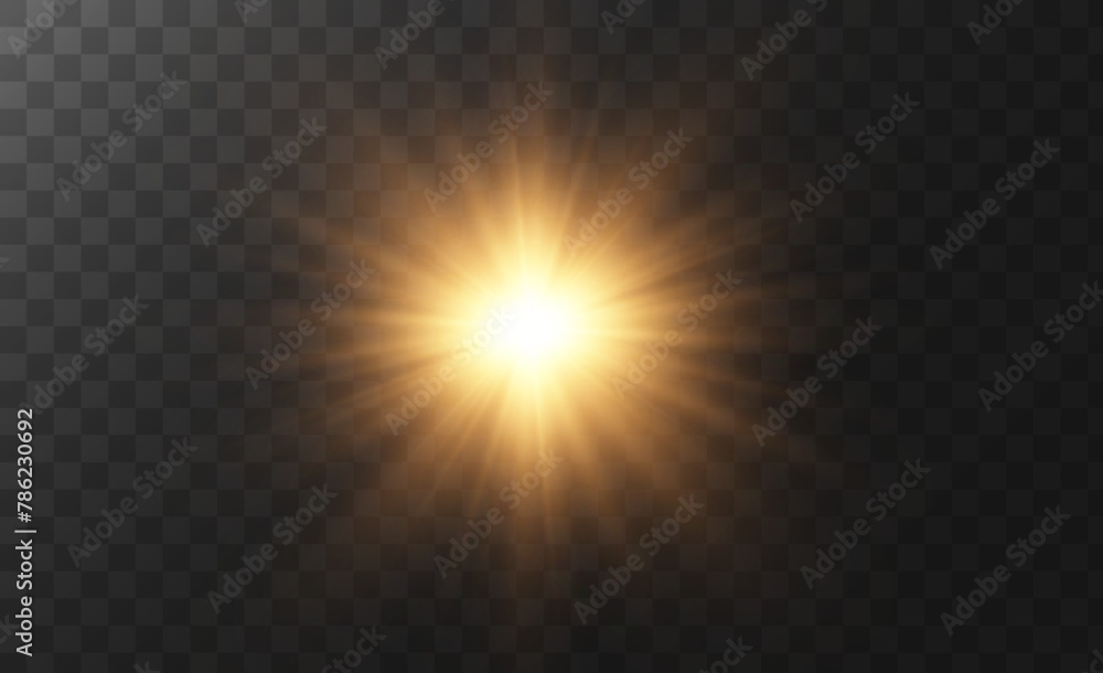 The background is a beam of light or sunbeam vector. It features an abstract golden light that sparkles and flashes like a spotlight, with golden sunlight glitter on a transparent background.