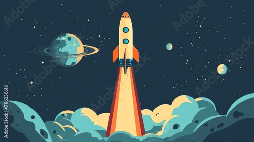 Vibrant flat design of a rocket soaring above Earth, minimalist style, bold colors with dynamic motion feel, ideal for startup themes