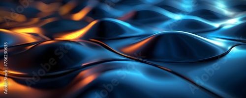 An abstract background featuring smooth waves in metallic blue with subtle orange accents, creating a sleek and modern visual texture.
