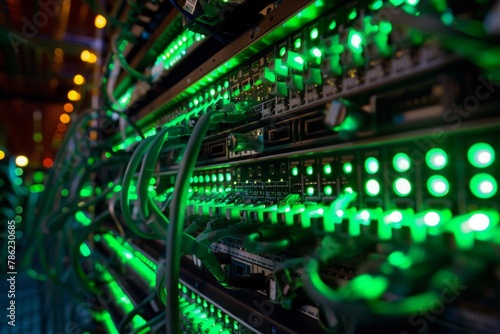 A maze of glowing green lights and wires in a technologically advanced server room.