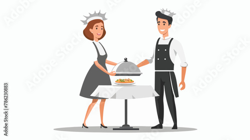 Waiter serving a silver dish with lid to a customer.