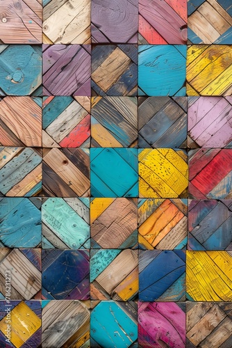 Colorful abstract wood texture with mosaic veneer tiles pattern for vibrant design photo