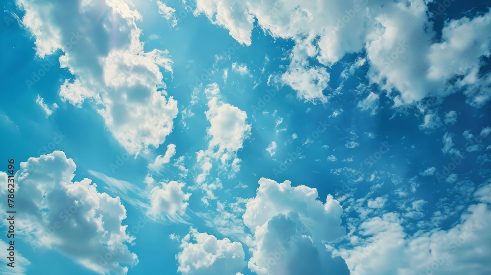 A peaceful blue sky with only a small white cloud visible. Generative AI A peaceful blue sky with only a small white cloud visible. Generative AI