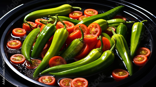 Green banana peppers and red tomatoes in a pot with water photo