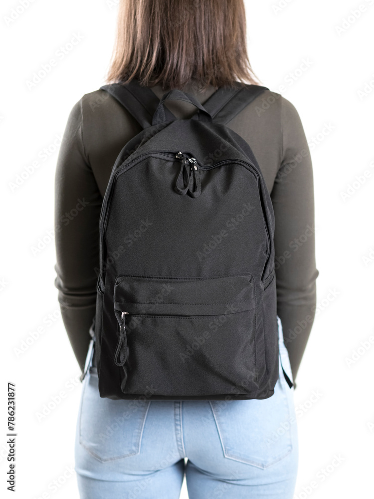 Girl with black backpack on white background