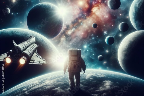 A man in a spacesuit is walking on planet in space