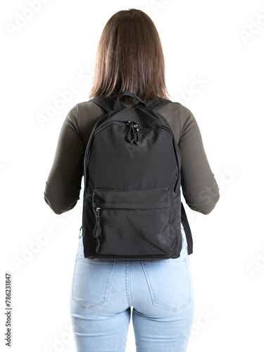 Girl with black backpack on white background