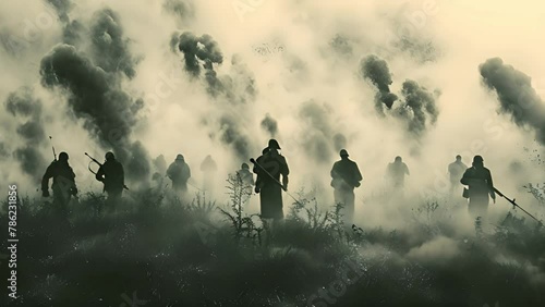 Silhouettes of army soldiers in the fog, marines team in action, surrounded fire and smoke, shooting with assault rifle and machine gun, attacking enemy 4k video. War zone photo