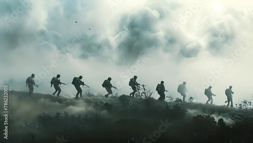 Silhouettes of army soldiers in the fog, marines team in action, surrounded fire and smoke, shooting with assault rifle and machine gun, attacking enemy 4k video. War zone photo