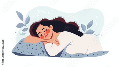 Woman sleeping peacefully smiling in her bed.