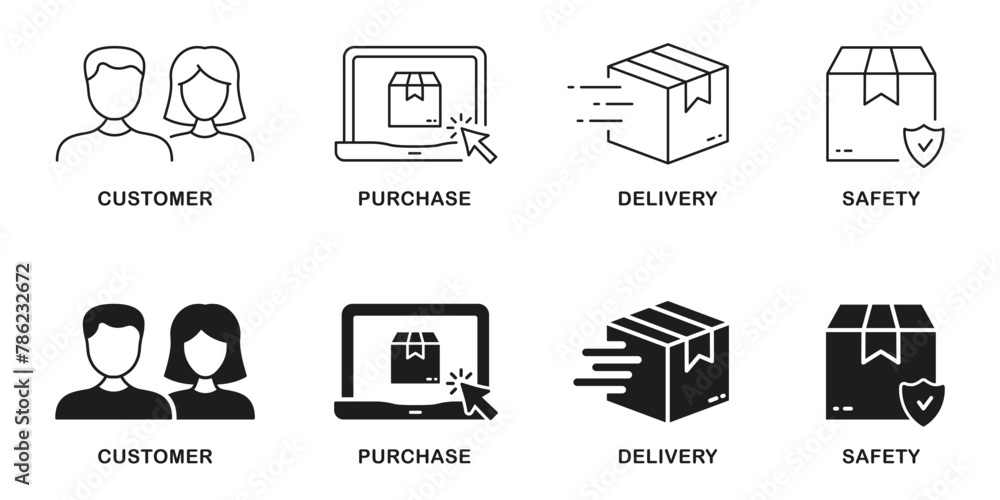 Online Store Guide Line and Silhouette Icon Set. Safe Delivery. E-Commerce Symbol Collection. Commerce Distribution Pictogram. Customer Order Sign. Isolated Vector Illustration