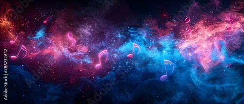 Obraz na płótnie Rhythmic Pulse: Neon Notes Dance in Cosmic Symphony. Concept Neon Lights, Music Rhythms, Cosmic Dance, Symphony, Colorful Vibes w salonie